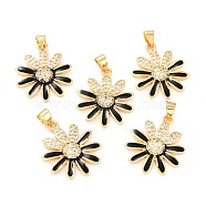 Real 18K Gold Plated Brass Micro Pave Cubic Zirconia Pendants, with Enamel, Long-Lasting Plated, Flower, Black, 22.5x19.5x3.5mm, Hole: 3.5x4mm(ZIRC-L100-087G-10)