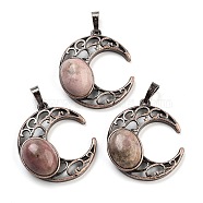 Natural Rhodonite Pendants, with Red Copper Plated Brass Findings, Moon, 34x30x9~9.5mm, Hole: 5x8mm(G-L602-01R-15)