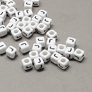 Large Hole Acrylic Letter European Beads, Horizontal Hole, White & Black, Cube with Letter, Letter.J, 8x8x8mm, Hole: 4mm, about 1144pcs/500g(SACR-Q103-8mm-01J)