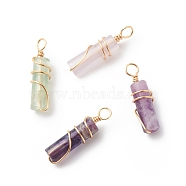 Natural Fluorite Pendants, with Golden Tone Copper Wire Wrapped, Column Charm, 18.5~20x5~5.5mm, Hole: 2.5mm(PALLOY-JF01817-01)