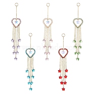Natural Gemstone Heart Pendant Decorations, with Star Glass Beads and 304 Stainless Steel Split Rings, 216mm(HJEW-JM01139)