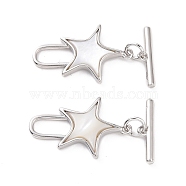 Natural White Shell Toggle Clasps, with Brass Findings, Star, Platinum, Bar: 15.5x4x2mm, Hole: 1mm, Star: 23.5x15x3mm, Hole: 8.5x3.5mm and 1.4mm(KK-E068-VC186)