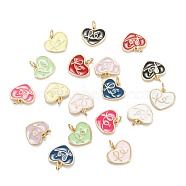 Brass Enamel Charms, Real 18K Gold Plated, Long-Lasting Plated, Heart with RE, Mixed Color, 12x13.5x1.5mm, Hole: 3mm, Jump Ring: 5x0.8mm(KK-G399-10)