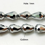 Electroplate Glass Beads Strands, Faceted, teardrop, Silver Plated, 12x8mm, Hole: 1mm, about 60pcs/strand, 27.1 inch(EGLA-D017-12x8mm-5)