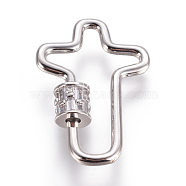 Brass Micro Pave Cubic Zirconia Screw Carabiner Lock Charms, for Necklaces Making, Cross, Clear, Platinum, 30x21x2~5.5mm(ZIRC-F105-05P)