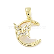 Brass Micro Pave Cubic Zirconia Pendants, with Resin, Moon with Butterfly Charm, Real 18K Gold Plated, 16x13.5x7mm, Hole: 5x2.5mm(KK-F877-26G)