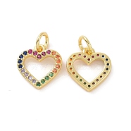 Brass Micro Pave Colorful Cubic Zirconia Charms, with Jump Ring, Heart Charm, Real 18K Gold Plated, 11.5x11x1.7mm, Hole: 3.5mm(KK-E068-VF134)