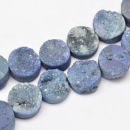 Flat Round Electroplated Natural Druzy Quartz Crystal Beads Strands, AB Color, Dyed, Light Steel Blue, 12x4~7mm, Hole: 1mm, about 16pcs/strand, 8 inch(G-A141-12mm-A05)