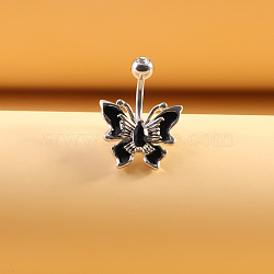 316L Surgical Stainless Steel Black Cubic Zirconia Butterfly Curved Barbell Belly Rings, Stainless Steel Color, Butterfly, 10mm, Pin: 1.6mm(WG4CABC-05)