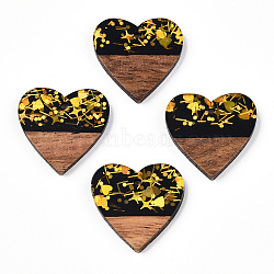 Opaque Resin & Walnut Wood Pendants, Heart Charms with Paillettes, Black, 24x25x3.5~4mm, Hole: 2mm(RESI-N039-44)