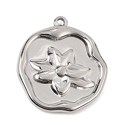 304 Stainless Steel Pendants, Flat Round with Flower Charms, Stainless Steel Color, 19.5x17x2mm, Hole: 1.2mm(SA-CBAA1A1-03P)
