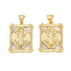 Brass Shell Pendants, Saint Benedict Religious Charms, Real 16K Gold Plated, Square, 23.5x17.5x3.5mm, Hole: 5mm(CU-CBA9482-05G-06)