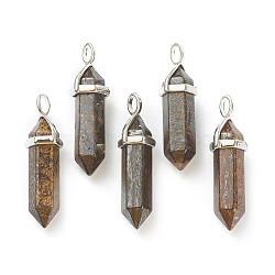 Natural Bronzite Pointed Pendants, with Platinum Tone Brass Findings, Bullet, 39.5x12x11.5mm, Hole: 4.5x2.8mm(G-M378-01P-A25)