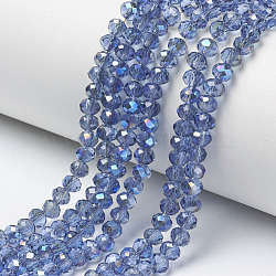 Electroplate Glass Beads Strands, Half Plated, Blue Plated, Faceted, Rondelle, Cornflower Blue, 4x3mm, Hole: 0.4mm, about 123~127pcs/strand, 16.5~16.9 inch(42~43cm)(EGLA-A034-T4mm-I12)