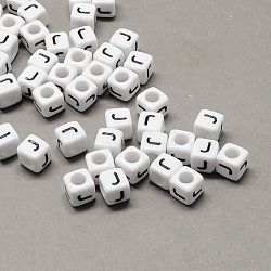 Large Hole Acrylic Letter European Beads, Horizontal Hole, White & Black, Cube with Letter, Letter.J, 8x8x8mm, Hole: 4mm, about 1144pcs/500g(SACR-Q103-8mm-01J)