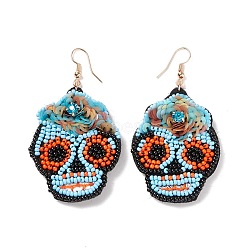 Halloween Skull Glass Seed Braided Big Dangle Earrings, 316 Stainless Steel Wraped Jewelry for Women, Sky Blue, 70mm, Pin: 0.6mm(EJEW-B011-06C)
