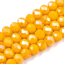 Electroplate Glass Beads Strands, Opaque Solid Color, AB Color Plated, Faceted, Rondelle, Gold, 3.5x3mm, Hole: 0.4mm, about 113~115pcs/strand, 32~33cm(EGLA-A034-P3mm-B26)