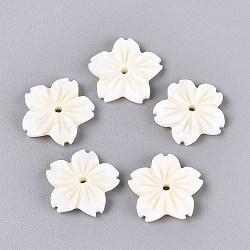 Natural Freshwater Shell Carved Beads, Flower, Beige, 15~16x15.5~16.5x3mm, Hole: 1.5~1.6mm(SHEL-Q028-10)