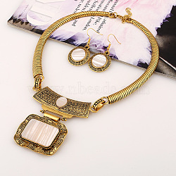 Alloy Rectangle Pendant Necklace & Flat Round Dangle Earring Sets, White, 400mm(FS-WG0E2DC-02)