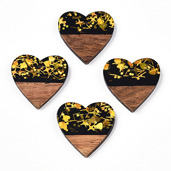 Opaque Resin & Walnut Wood Pendants, Heart Charms with Paillettes, Black, 24x25x3.5~4mm, Hole: 2mm