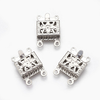 201 Stainless Steel Multi-Strand Box Clasps, Square, Stainless Steel Color, 15x10x3mm, Hole: 1mm