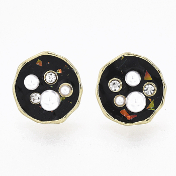 (Jewelry Parties Factory Sale)Flat Round Alloy Enamel Stud Earrings, with Cupronickel Pin and Shell, Crystal Rhinestone and ABS Plastic Imitation Pearl, Golden, Black, 14mm, Pin: 0.7mm
