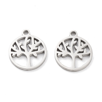 316 Surgical Stainless Steel Charms, Manual Polishing, Flat Round with Tree of Life, Stainless Steel Color, 14.5x12.5x1.5mm, Hole: 1.6mm