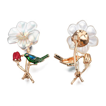 Flower with Bird Enamel Pin with ABS Plastic Pearl, Light Gold Plated Alloy Badge for Backpack Clothes, Nickel Free & Lead Free, Colorful, 55x37mm, Pin: 0.7mm