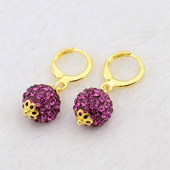 Dangling Round Ball Resin Rhinestone Earrings, with Golden Plated Brass Leverback Hoop Earring Settings, Fuchsia, 30mm, Pin: 1mm