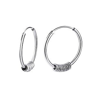 Rhodium Plated 925 Sterling Silver Circle Beaded Huggie Hoop Earrings for Women, Platinum, 23mm
