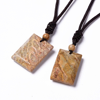 Dyed Natural Fossil Coral Rectangle Pendant Necklace for Women, Dark Goldenrod, 25.98 inch(66cm)