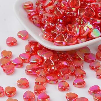 Eco-Friendly Transparent Acrylic Beads, Heart, Dyed, AB Color, Red, 8x8x3mm, Hole: 1.5mm