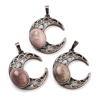 Natural Rhodonite Pendants, with Red Copper Plated Brass Findings, Moon, 34x30x9~9.5mm, Hole: 5x8mm