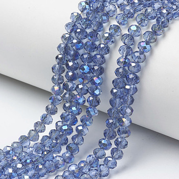 Electroplate Glass Beads Strands, Half Plated, Blue Plated, Faceted, Rondelle, Cornflower Blue, 4x3mm, Hole: 0.4mm, about 123~127pcs/strand, 16.5~16.9 inch(42~43cm)