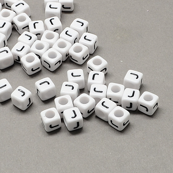 Large Hole Acrylic Letter European Beads, Horizontal Hole, White & Black, Cube with Letter, Letter.J, 8x8x8mm, Hole: 4mm, about 1144pcs/500g