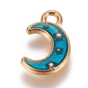 Zinc Alloy Pendants, with Enamel, Moon with Star, Light Gold, Dodger Blue, 11.5x7.5x1.5mm, Hole: 1.4mm