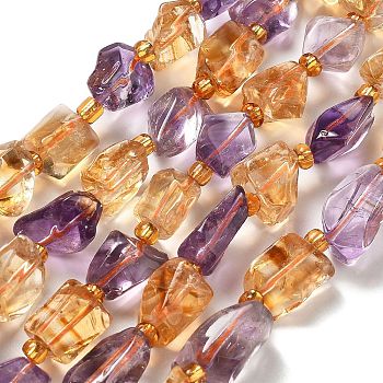 Natural Citrine & Amethyst Beads Strands, with Glass Seed Beads, Nuggets, 12~20x9~13x5~10mm, Hole: 1.2mm, about 22~26pcs/strand, 14.57~15.16''(37~38.5cm)