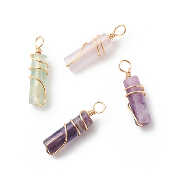 Natural Fluorite Pendants, with Golden Tone Copper Wire Wrapped, Column Charm, 18.5~20x5~5.5mm, Hole: 2.5mm
