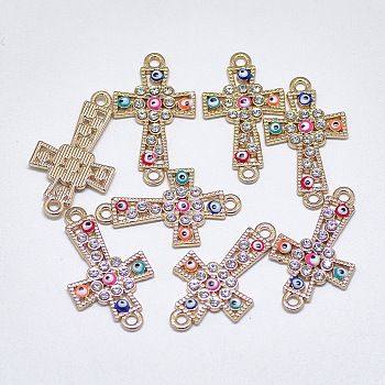 Alloy Links, with Crystal Rhinestone and Colorful Enamel, Cross with Evil Eye, Light Gold, 27x15.5x2mm, Hole: 1.5mm