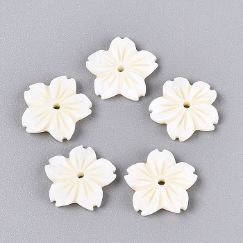 Natural Freshwater Shell Carved Beads, Flower, Beige, 15~16x15.5~16.5x3mm, Hole: 1.5~1.6mm