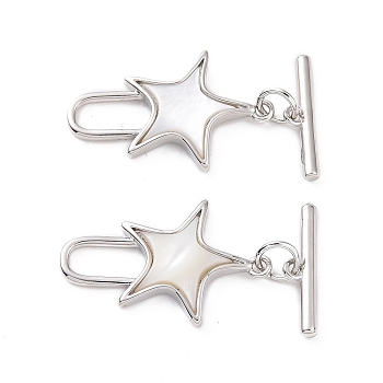 Natural White Shell Toggle Clasps, with Brass Findings, Star, Platinum, Bar: 15.5x4x2mm, Hole: 1mm, Star: 23.5x15x3mm, Hole: 8.5x3.5mm and 1.4mm