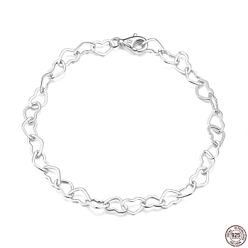 Rhodium Plated 925 Sterling Silver Heart Link Chain Bracelets, with S925 Stamp, Real Platinum Plated, 7-1/2 inch(19cm), Chain: 4.5x6mm, Lobster Clasp: 8x5mm