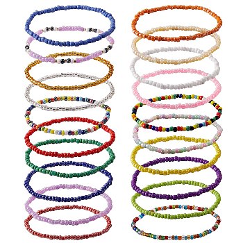Sparkling Glass Seed Beads Stretch Anklets Set for Women, Mixed Color, Inner Diameter: 2-3/4 inch(7cm), 20pcs/set