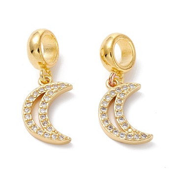 Brass Cubic Zirconia European Dangle Charms, Largr Hole Pendants, Long-Lasting Plated, Real 18K Gold Plated, Moon, Clear, 22.5mm, Hole: 5mm, Pendant: 14.5x9x2mm