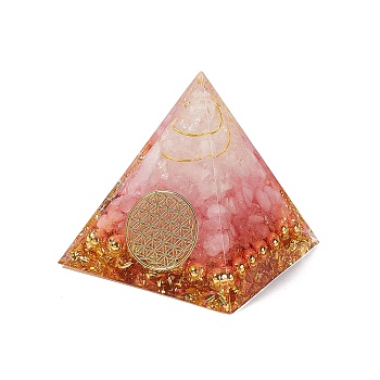 Orgonite Pyramid Resin Display Decorations, with Gold Foil and Natural Rose Quartz Chips Inside, for Home Office Desk, 50x50x51.5mm