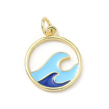 Brass Enamel Pendants, Flat Round with Wave Pattern, Long-Lasting Plated, Rack Plating, Lead Free & Cadmium Free, Real 18K Gold Plated, 17x14x2mm, Hole: 3mm