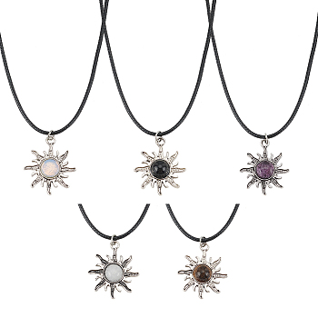 5Pcs 5 Colors Alloy Sun with Resin Pendant Necklaces Set with Wax Cords, Mixed Color, 16.65 inch(42.3cm), 1Pc/style