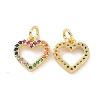 Brass Micro Pave Colorful Cubic Zirconia Charms, with Jump Ring, Heart Charm, Real 18K Gold Plated, 11.5x11x1.7mm, Hole: 3.5mm