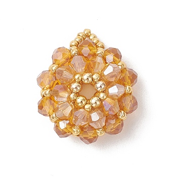 Glass Pendants, Wreath Charms, with Seed Beads, Faceted, Goldenrod, 29x25x9.5mm, Hole: 2x3mm