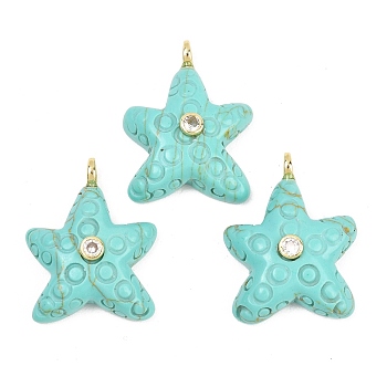 Dyed Synthetic Turquoise Pendants, Starfish Charms with Brass Micro Pave  Clear Cubic Zirconia Findings, 27~28.5x21~21.5x8.5~9mm, Hole: 3mm